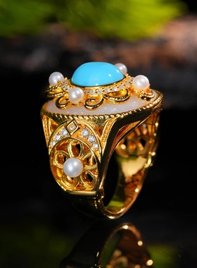 VISING珠宝黄金色人造仿蓝松睡美人珍珠戒指S925银超重工