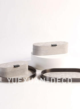 粤萱简约现代真皮五金托盘摆件样板间售楼处酒店会客厅软装摆设