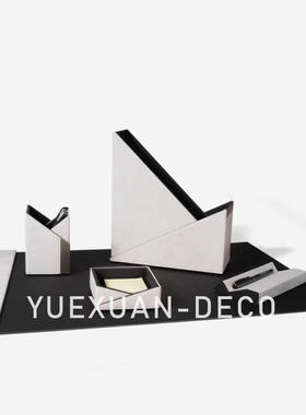 粤萱简约现代 皮革办公桌垫笔筒收纳盒纸篓摆件 售楼处样板间书房