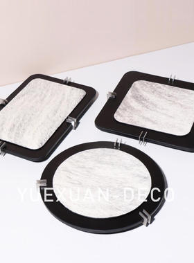 粤萱简约现代实木马毛几何托盘摆件售楼处样板间酒店客厅茶几装饰