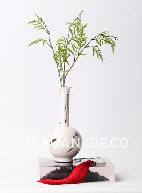 粤萱新中式方形托盘陶瓷描金花瓶组合套装摆件样板间客厅茶几装饰