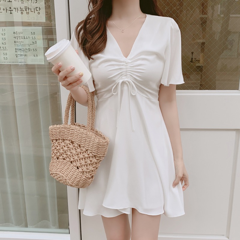 韩国ins夏季法式小众设计感抽绳褶皱V领喇叭袖小个子连衣裙短裙子-图3