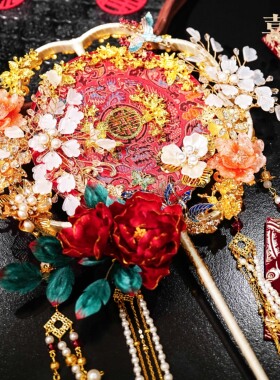 团扇新娘结婚diy材料包秀禾服中式高级成品古风简单大气绒花喜扇
