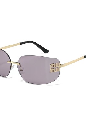 时尚弯曲镜片无框墨绿色墨镜y2k