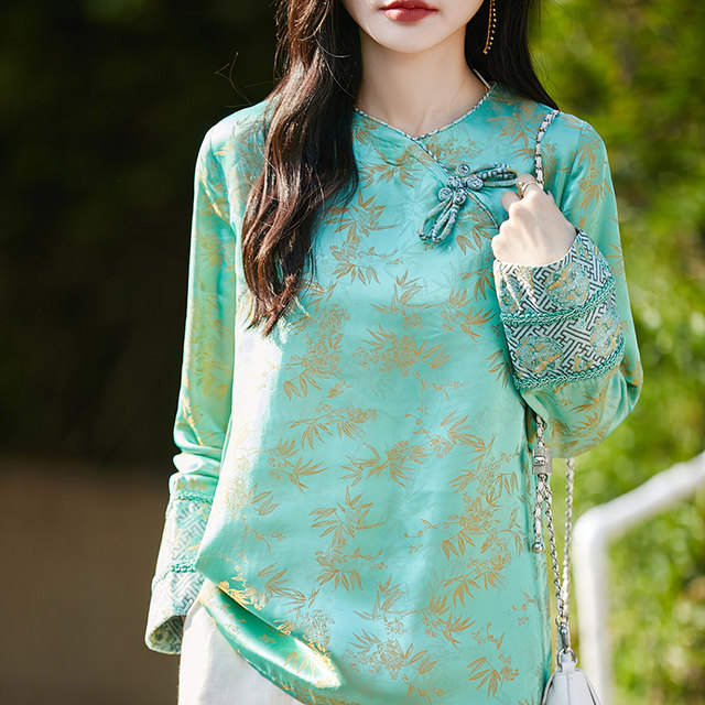 Acetate retro jacquard slanted lapel ຄໍຮອບດ້ານເທິງ 2025 ພາກຮຽນ spring ຮູບແບບໃຫມ່ແບບຈີນໃຫມ່ niche chic ເສື້ອວ່າງເກົາຫຼີ