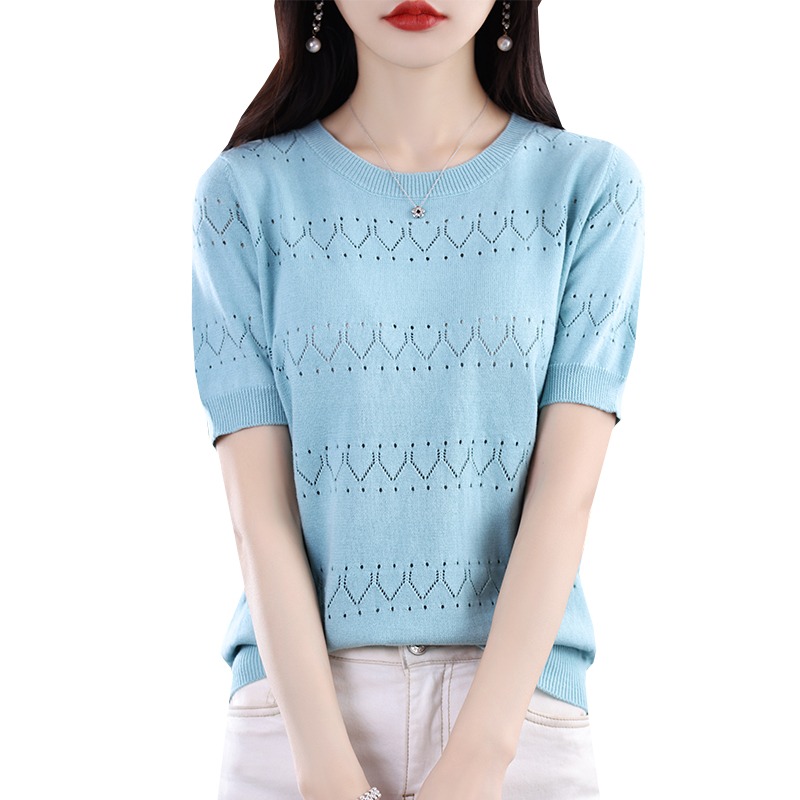 23纯棉夏季新款设计感镂空气质圆领套头毛衣女士针织纯色短袖上衣