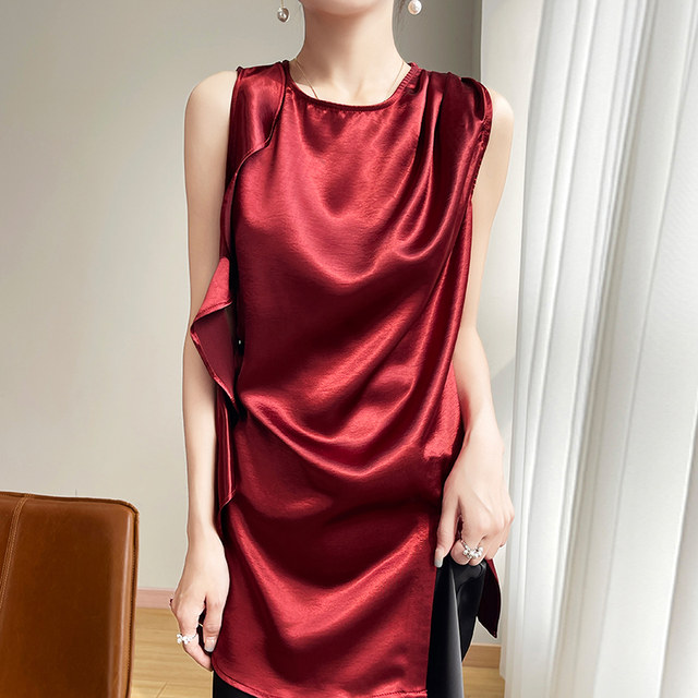 ໂບ ruffled, pleated slits, vest glossy satin ສໍາລັບແມ່ຍິງ, ການອອກແບບ summer 25 ປີ, ເສື້ອຢືດຍາວທີ່ບໍ່ມີແຂນ