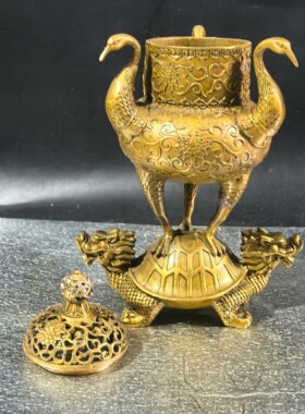 黄铜龙龟鹤香炉摆件收藏古玩龟鹤延年居家贺寿装饰送礼