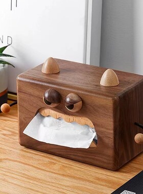 小怪兽纸巾盒黑胡桃木ins风创意桌面复古木制餐巾纸收纳盒网红抽