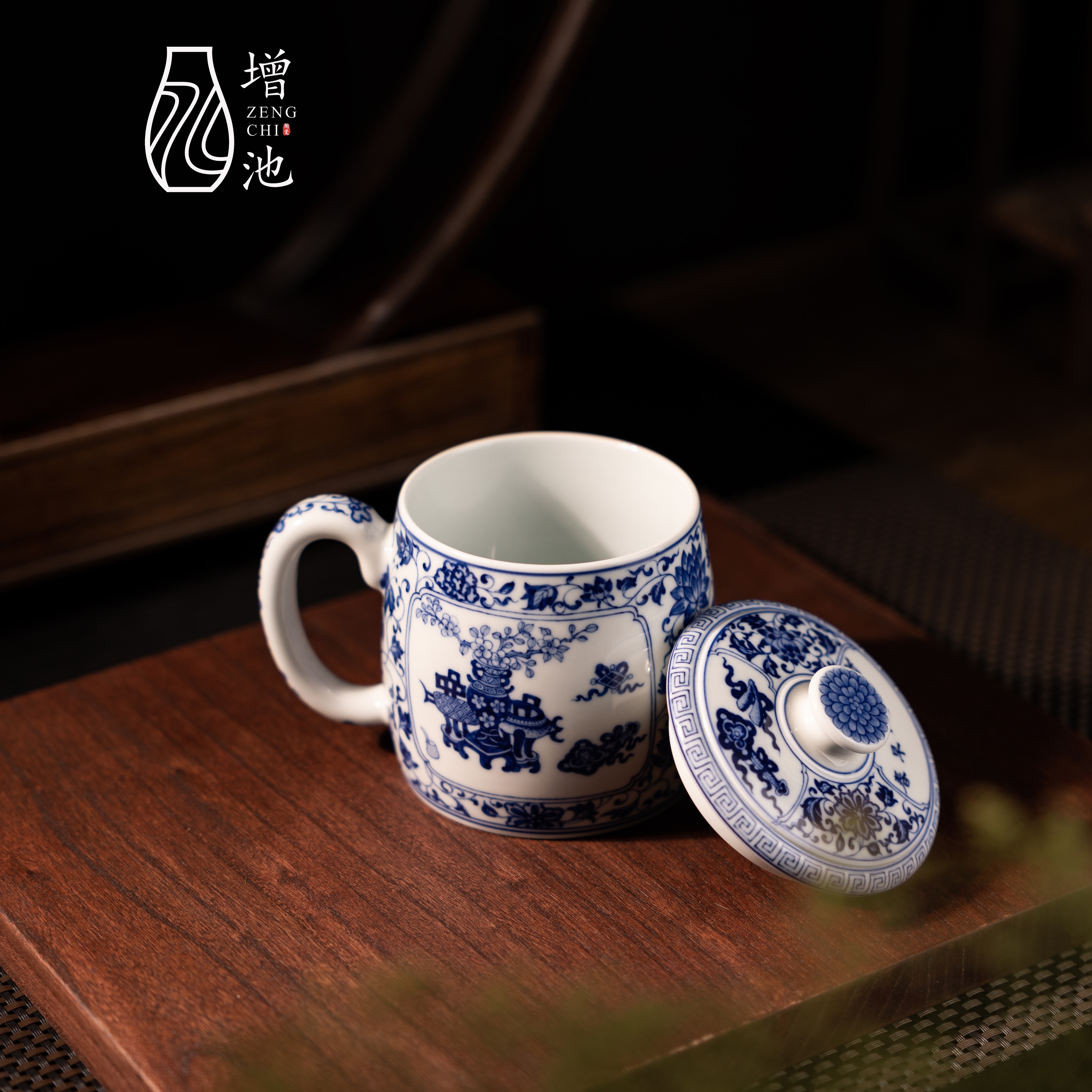 增池景德镇青花瓷手工手绘青花缠枝博古文茶壶泡茶高端茶具办公杯 - 图1