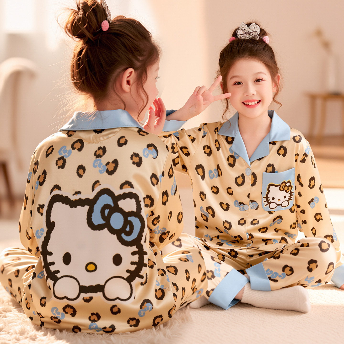 可爱超萌儿童冰丝睡衣女童春秋夏季薄款长袖中大童女孩kt猫家居服,淘宝优惠券,粉丝福利购,淘宝优惠卷