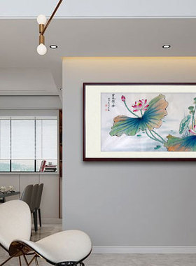 周星辰纯手绘国画金色荷塘时尚现代客厅挂画四尺横幅工写结合简约