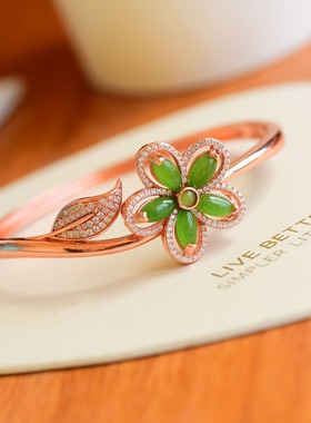 s925银镶满钻镶新疆和田玉碧玉马眼手镯玫瑰朵叶子时尚女手环