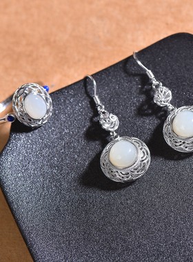 S925银镶嵌和田玉圆蛋面镂空套装耳坠耳钉耳环戒指戒圈天然玉石