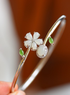 s925银镶和田玉手镯玉石手镯白玉手镯S925银镶和田玉天然开口新款