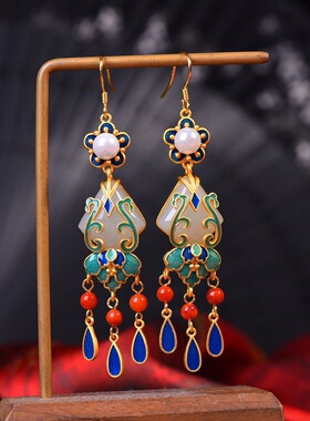 和田玉s925银镶和田玉吊坠耳坠戒指素银多宝宫廷流苏女款复古套装