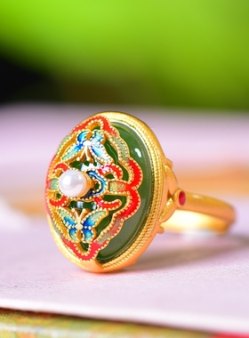 银镶嵌和田玉碧玉蛋面珐琅戒指