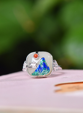 S925银镶嵌和田玉方鼓面日照西山戒指玉戒天然和田玉女士女款