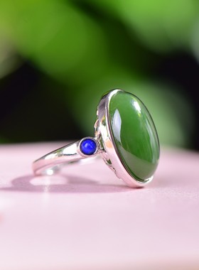 s925银镶和田玉碧玉蛋面配青金石戒指