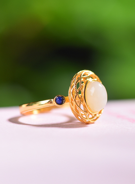 S925银镶嵌和田玉圆蛋面花丝镂空戒指和田玉手镯玉石女款玉饰品