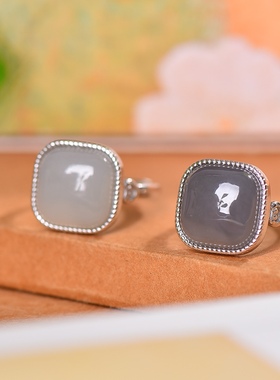 古法银镶和田玉烟紫方形戒指