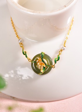 S925银镶嵌和田玉烟青色平安环珐琅配珍珠手链手饰玉石2025新款