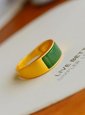 新疆纯天然和田碧玉戒指板指男女款碧玉色指环菠菜绿情侣款带证书