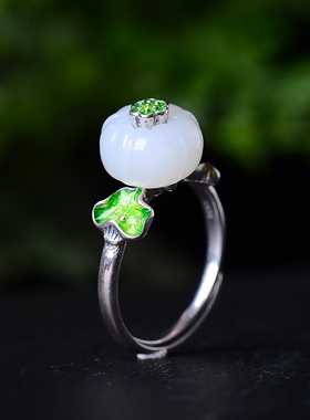 s925银镶和田玉荷花珐琅戒指白玉花朵女款银饰证书手饰精美9131