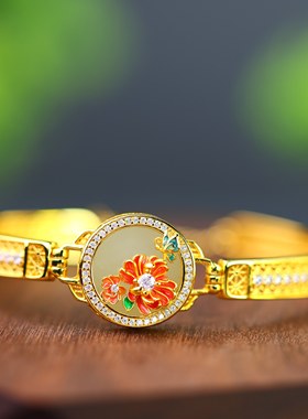 S925银镶嵌和田玉圆平面珐琅配锆石手镯