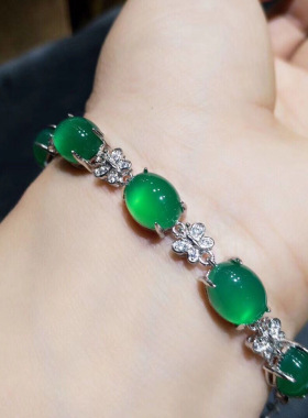 925镀银高冰绿玉髓玛瑙蝴蝶手链