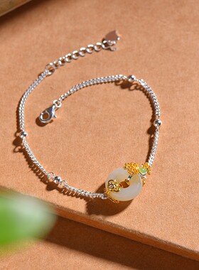 S925银镶嵌和田玉平安环白加绿配锆石手链复古设计款精美饰品8299