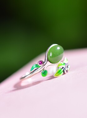 S925银镶和田玉碧玉蛋面珐琅配彩锆戒指手饰碧绿玉石新潮美19005