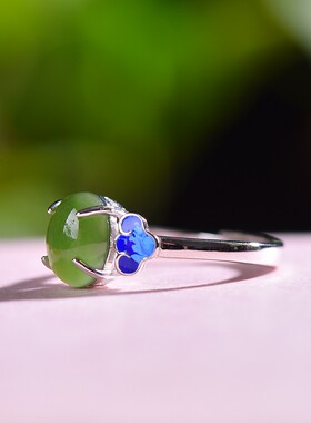 银镶嵌和田玉碧玉珐琅蛋面戒指