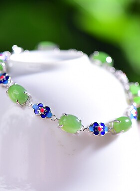 s925银镶和田玉碧玉蛋面珐琅手链2026新款新中式古风碧绿玉18088