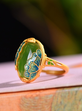 银镶嵌和田玉碧玉蛋面珐琅戒指