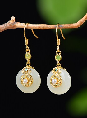 S925银镶和田玉平安扣配彩锆珍珠套装带证书吊坠古风女生银链0189