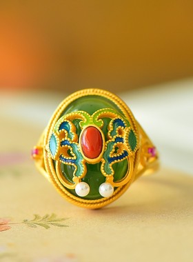 银镶嵌和田玉碧玉珐琅蛋面戒指