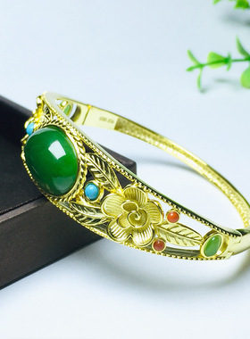 古法银镶嵌和田玉碧玉蛋面配多宝手镯银纯银花卉复古女款银饰饰品