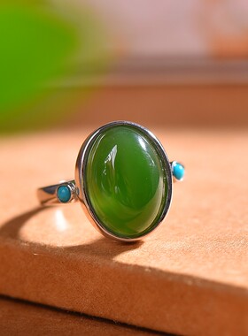 银镶嵌和田玉碧玉珐琅蛋面戒指