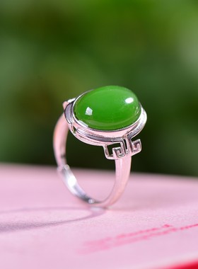 S925银镶嵌和田玉碧玉蛋面素银戒指女个性女士纯银时尚开口指环