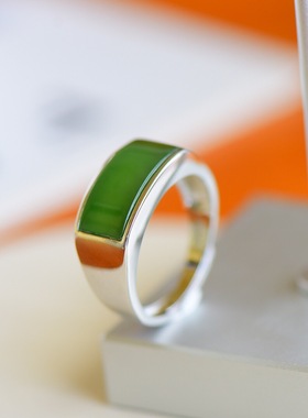 天然新疆和田玉碧玉戒指s925银个性简约活口可调优雅男士方戒指环