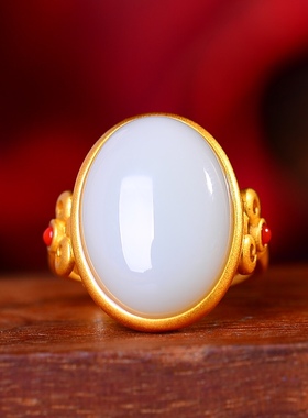 S925银古法银镶嵌和田玉细料蛋面配南红戒指古风古珠配饰女士金色