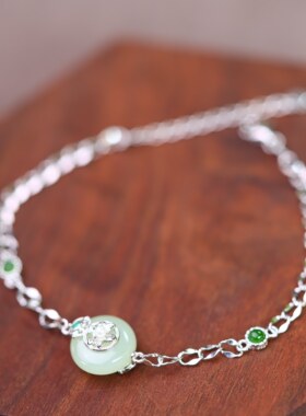 S925银镶嵌和田玉平安扣白加绿配彩锆手链