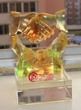 琉璃握手双赢商务送客户开业摆件