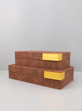 轻奢棕色皮革编织纹收纳盒首饰盒