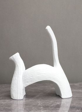 新中式白色条纹艺术猫摆件