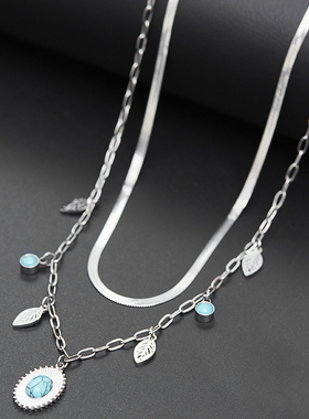 钛钢绿松石树叶多坠项链