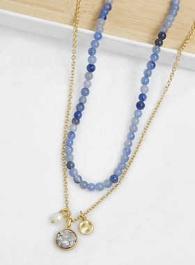 中古时尚蓝色天然石圆牌珍珠项链