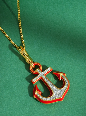 珐琅釉镶钻红色船锚吊坠项链挂饰