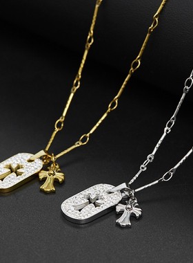 钛钢镂空方牌十字架吊坠项链